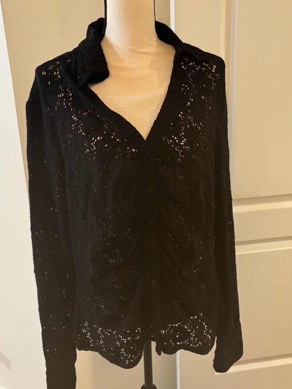 Black, crochet like button down.
